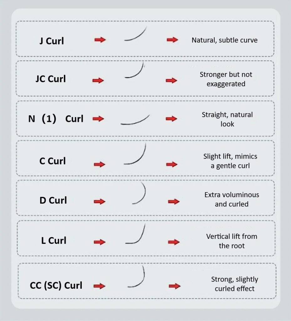 Diagram of Different Lash Curl Types for False Eyelashes and Lash Extensions (J, JC, N, C, CC, D, L Curls)