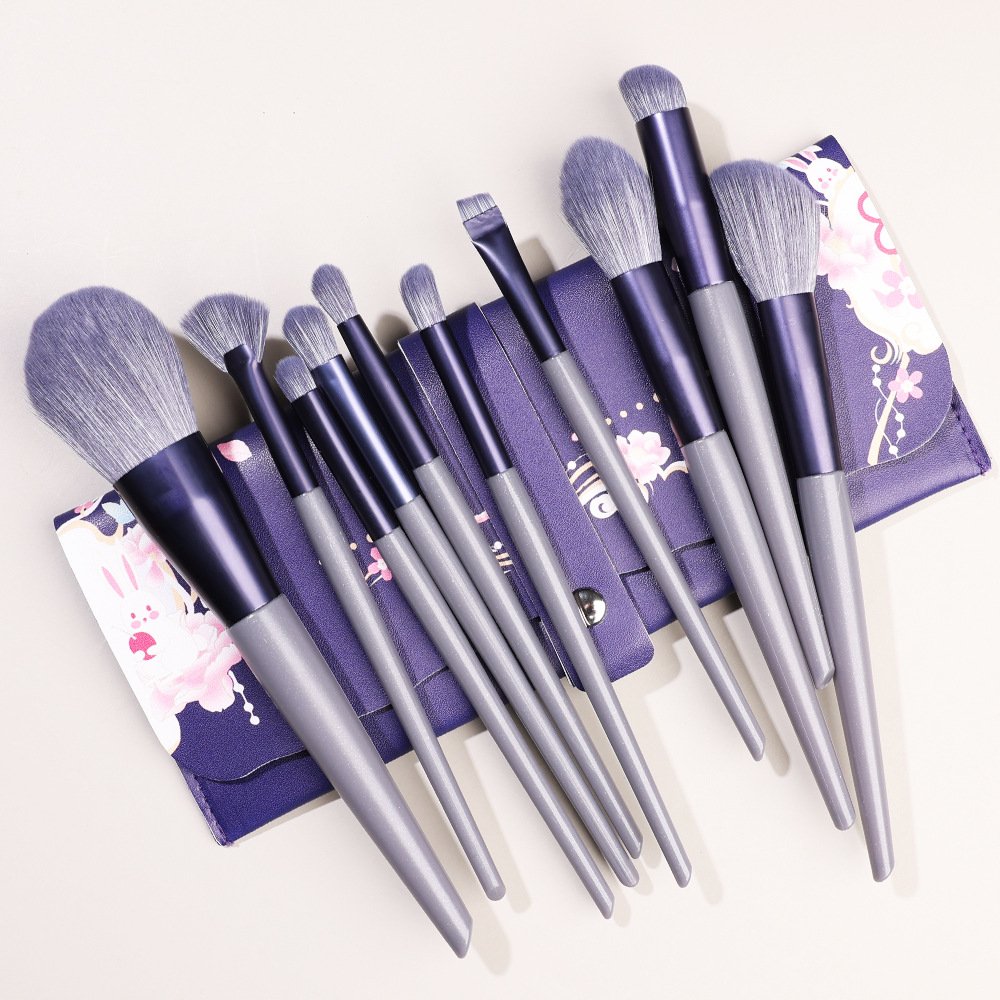 10 Purple Handle Makeup Brushes with Purple Painted Pattern Cosmetic Pouch Set