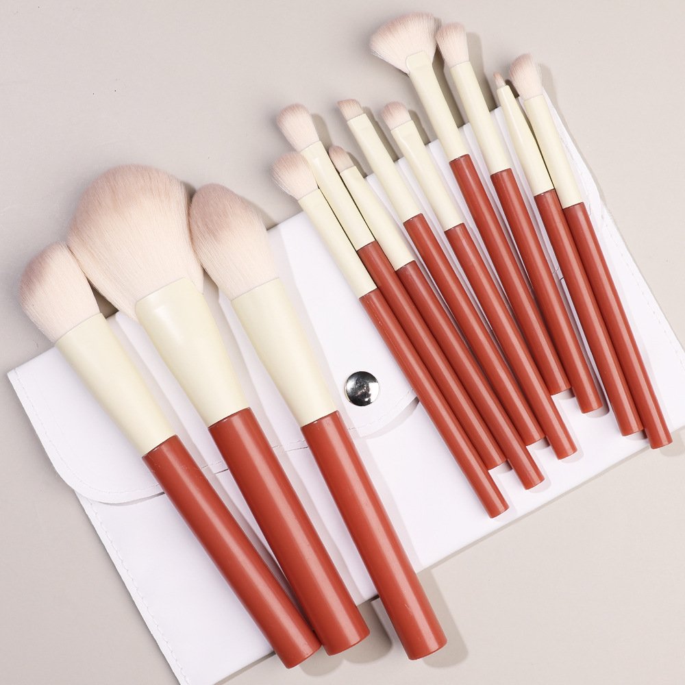 12 Dual-Tone Handle Makeup Brushes with White Cosmetic Pouch Set