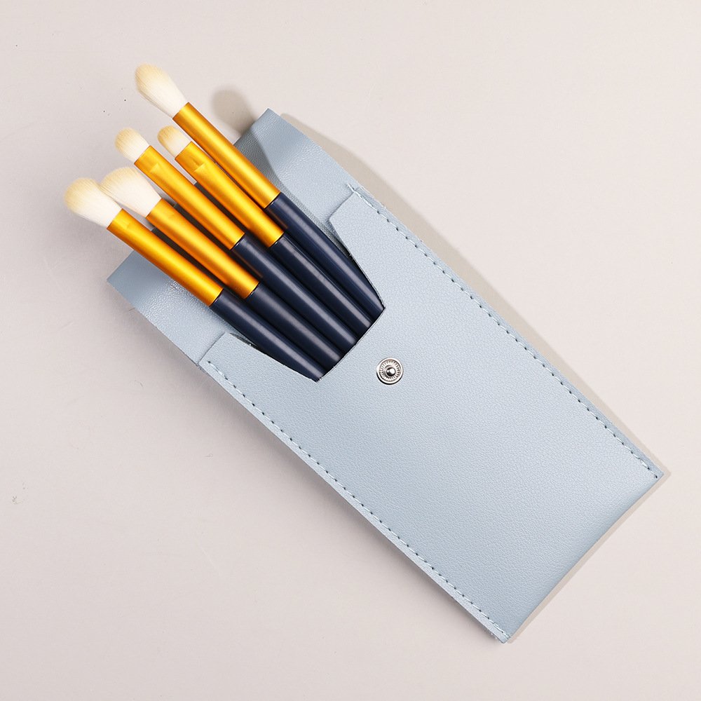 5 Gold Makeup Brushes with Blue Cosmetic Pouch Set