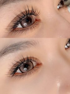 Comparison of two different styles of strip lashes - natural wispy vs. dramatic volume - applied on a model with precise eyeliner.