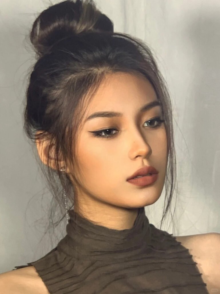 Close-up side profile of a young woman with deep skin tone wearing light glam makeup, showcasing the dramatic length and flawless curl of Shewincosmetic's strip eyelashes for a voluminous eye-opening effect.