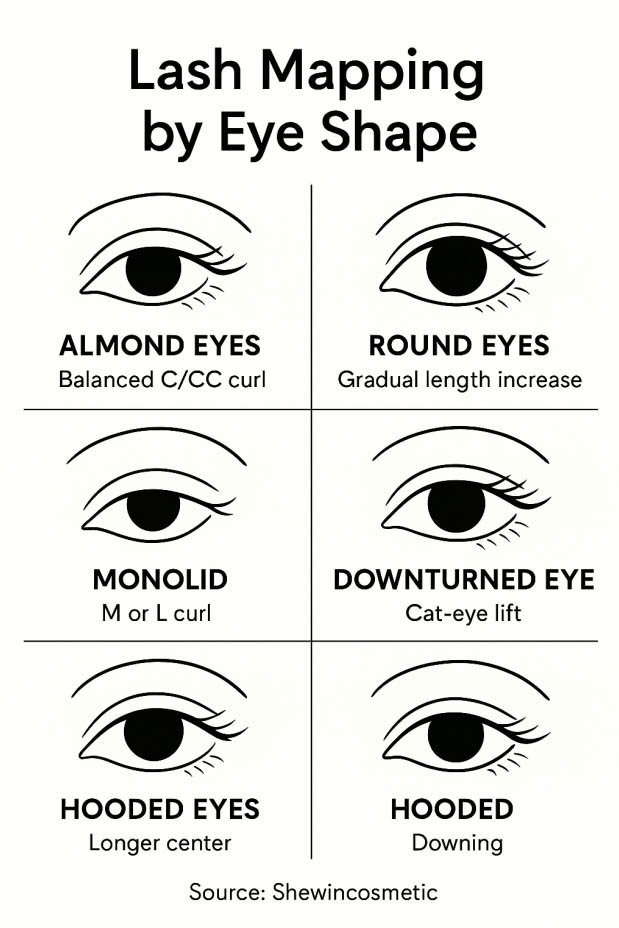 Lash mapping guide for different eye shapes: almond, round, monolid, downturned, and hooded eyes with recommended curl and style designs.