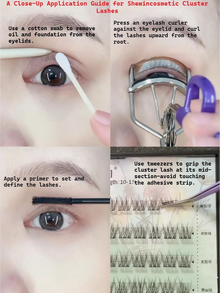 Close-up guide: Preparing the natural lash line for Shewincosmetic cluster lashes by cleaning with a cotton swab and curling with an eyelash curler for a flawless base.