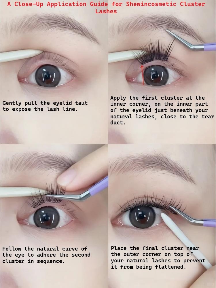 Step-by-step close-up: Using tweezers to precisely place Shewincosmetic cluster lashes beneath the natural lash line, demonstrating safe and seamless beginner application.