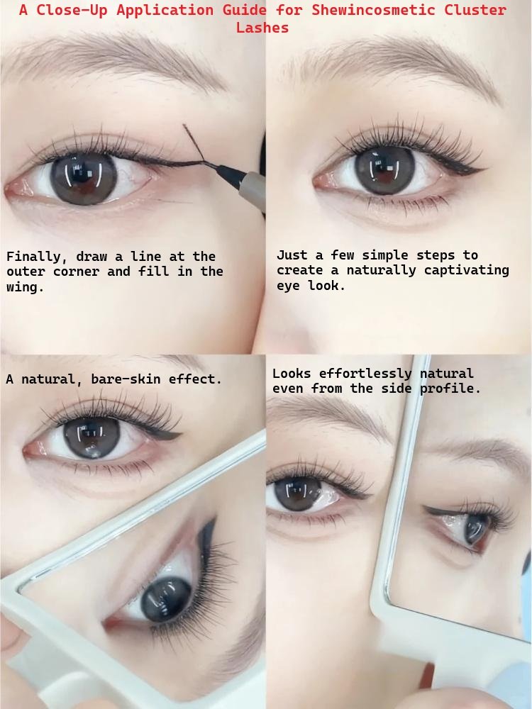 Final result close-up: A completed natural eye look using Shewincosmetic cluster lashes, showing the seamless blend, side-profile finish, and subtle eyeliner for a captivating effect.