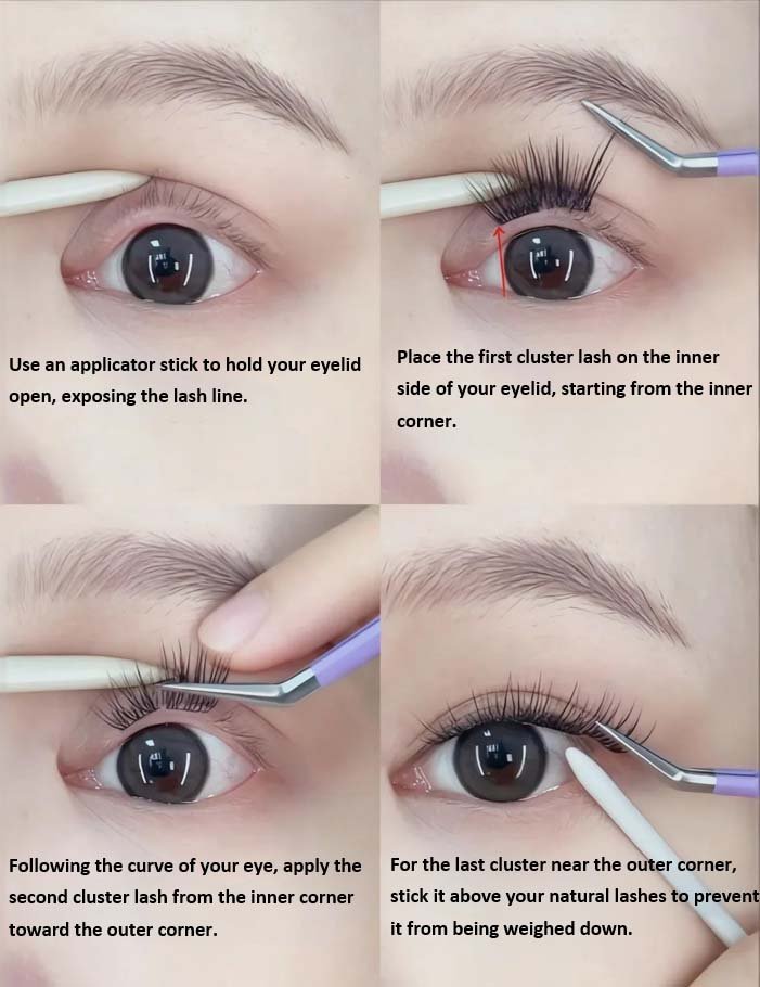 How to apply cluster lashes for beginners – using an applicator stick to expose the lash line, placing the first cluster at the inner corner, following the eye curve with the second cluster, and sticking the last outer corner cluster above natural lashes to prevent weighing down.