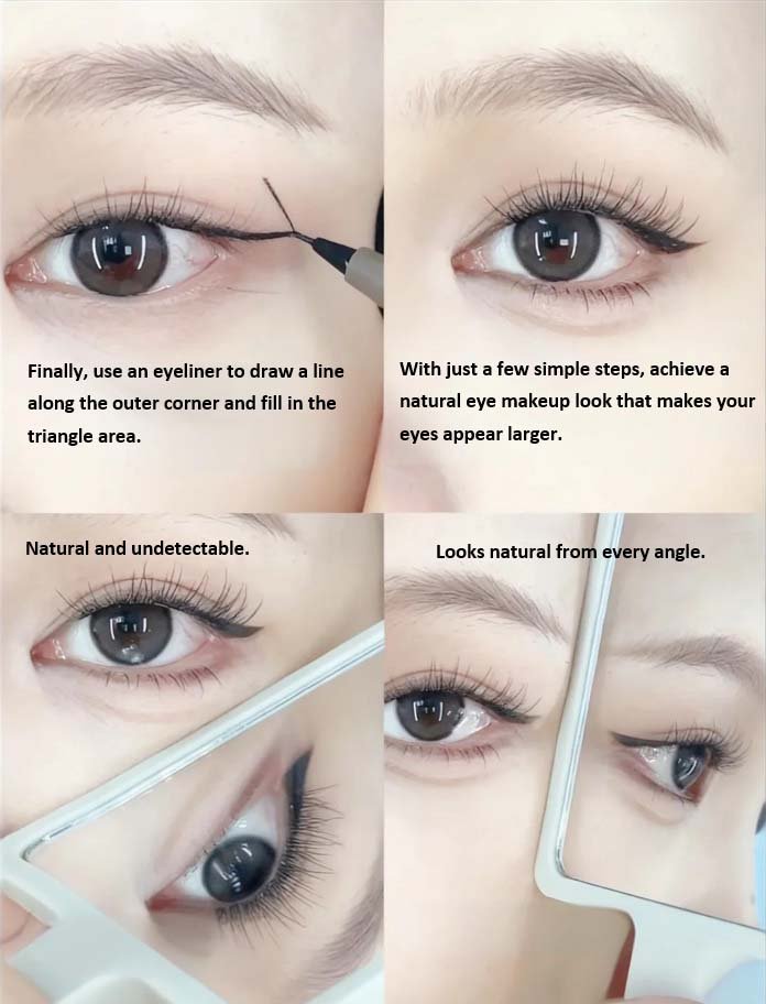 Final steps of a DIY lash clusters tutorial for beginners: drawing eyeliner along the outer corner and filling the triangle area, achieving a natural eye makeup look that makes eyes appear larger – natural, undetectable, and looks natural from every angle.