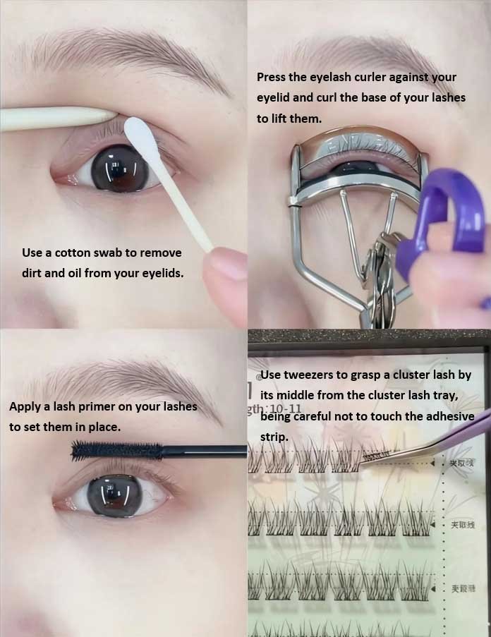 Step-by-step preparation for how to apply cluster lashes for beginners: cleaning eyelids with a cotton swab, curling natural lashes, applying lash primer, and picking up a cluster lash from the tray using tweezers without touching the adhesive strip.