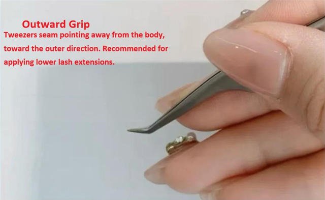 Outward lash extension grip - tweezers seam pointing toward client mouth direction, proper finger placement for lower lashes