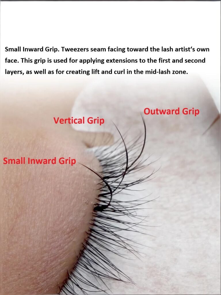 Lash application result using small inward lash extension grip - even layers and natural lift across the mid-lash zone