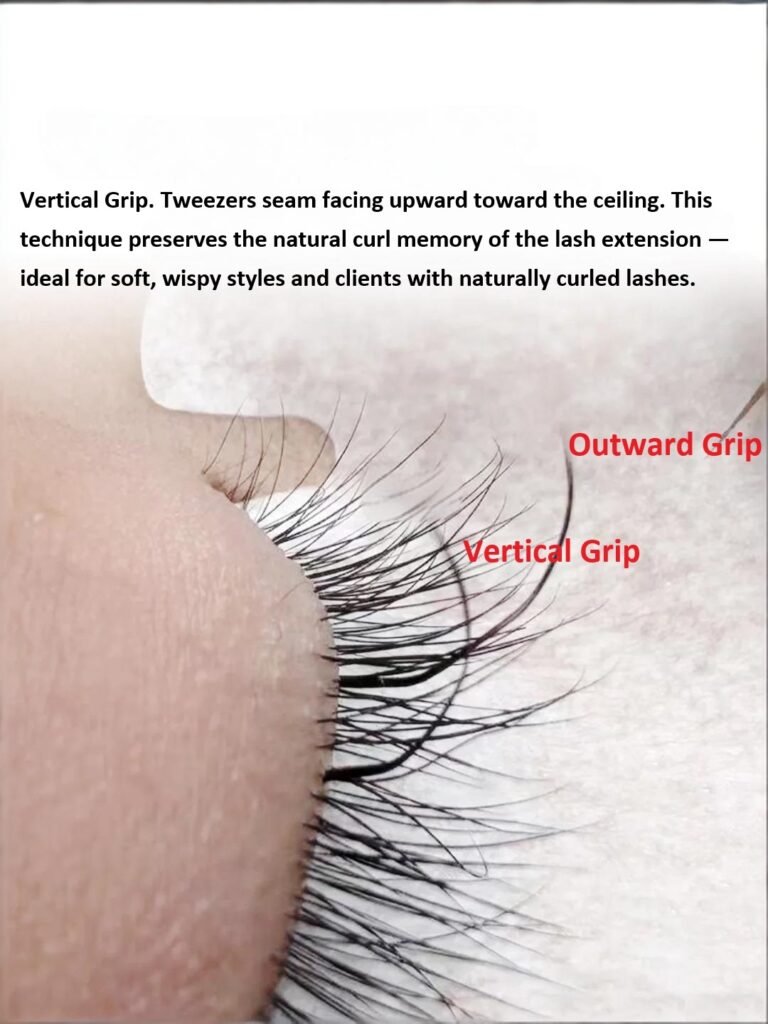 Soft wispy lash set achieved with vertical lash extension grip - ideal for clients with naturally curled lashes